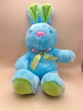 Blue Easter Bunny Plush Stuffed Animal Green Ears and Feet Pastel Ribbon Bow